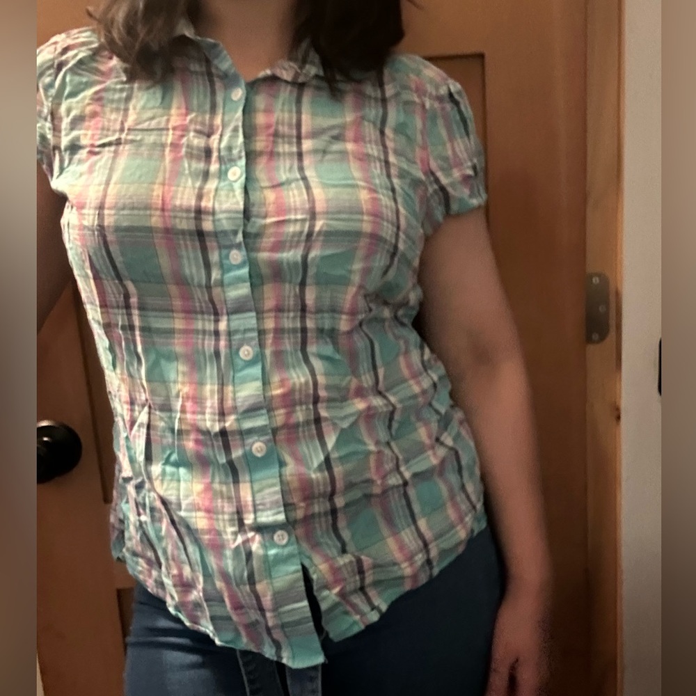 Turquoise Plaid LL Bean Button-Up Women's Top